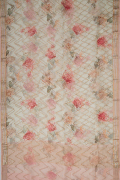 Organza Zig-Zag Lines Off-White Saree