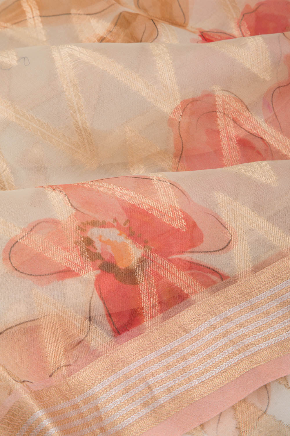 Organza Zig-Zag Lines Off-White Saree