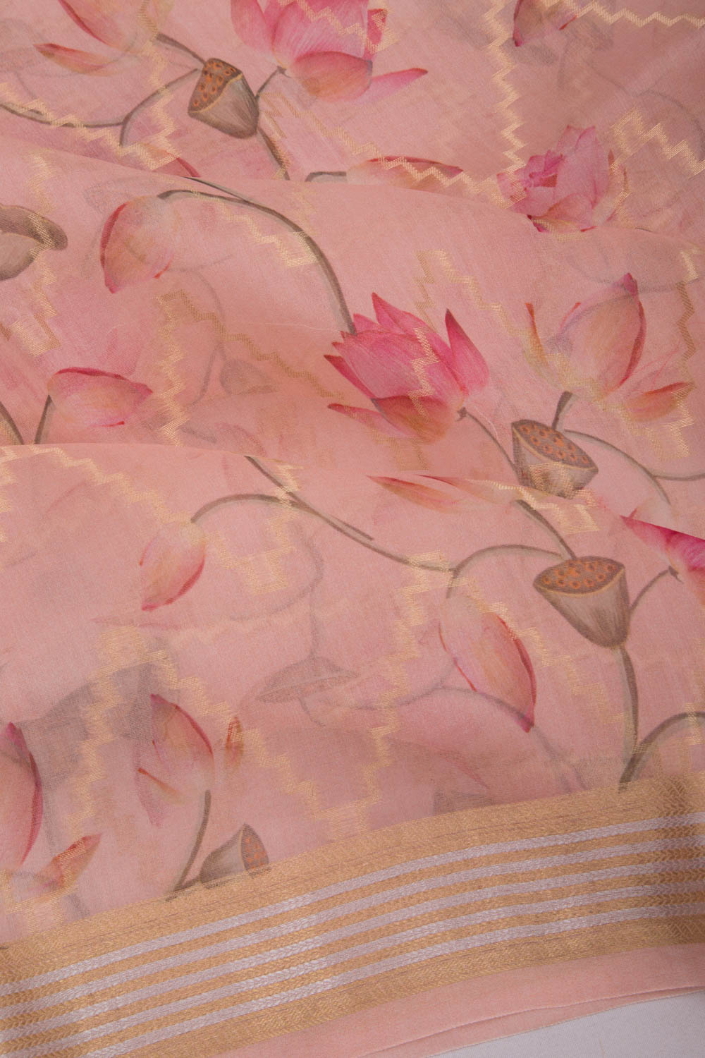 Organza Zig-Zag Lines Pink Saree