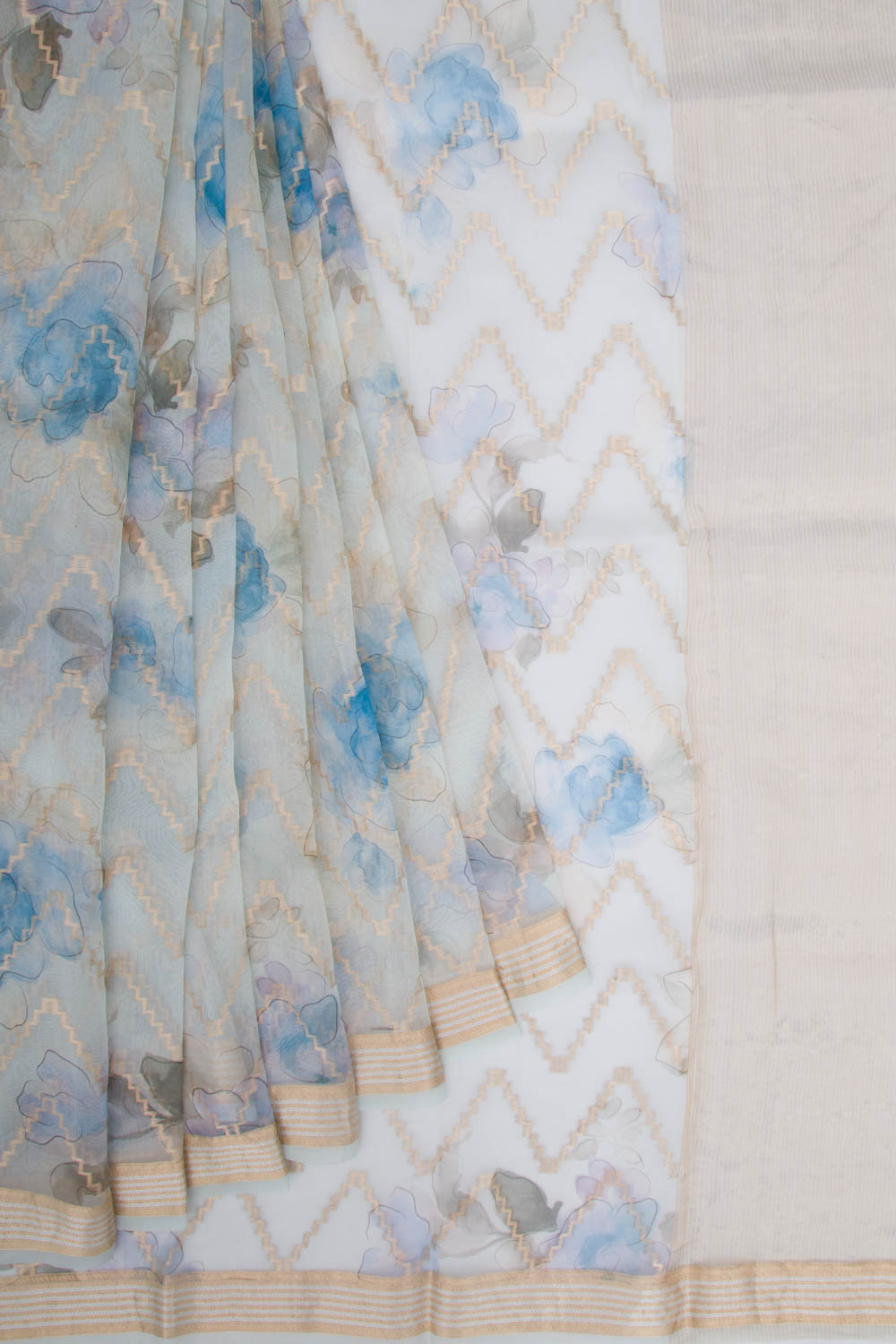 Organza Zig-Zag Lines Pastel Blue Saree