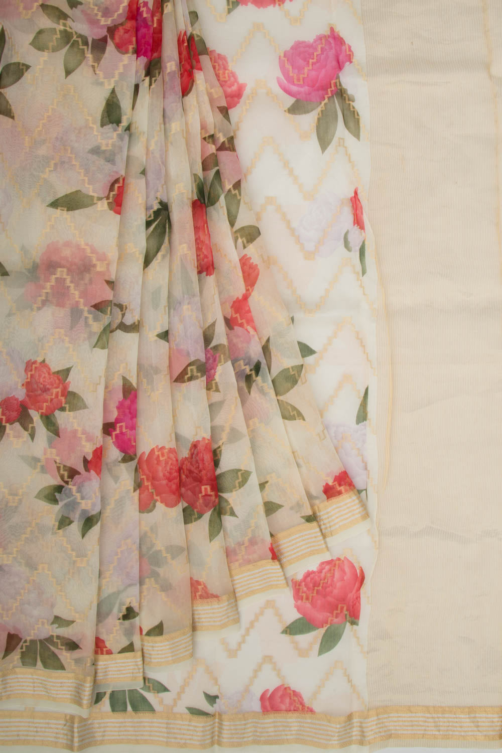 Organza Zig-Zag Lines Off-White Saree