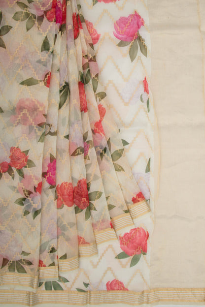 Organza Zig-Zag Lines Off-White Saree