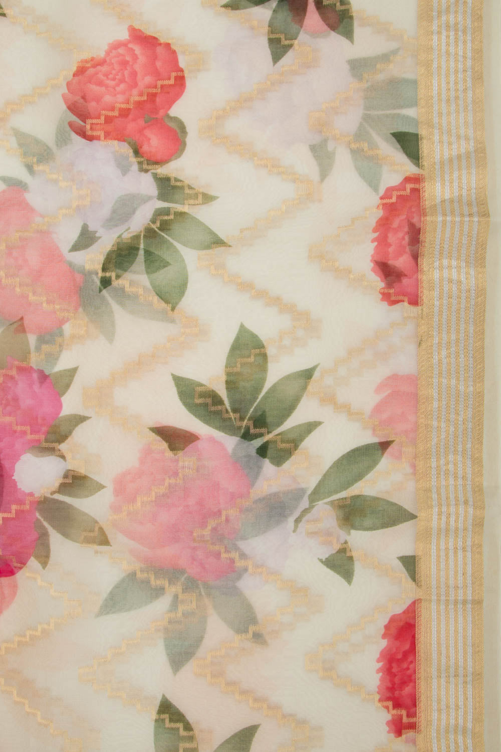 Organza Zig-Zag Lines Off-White Saree
