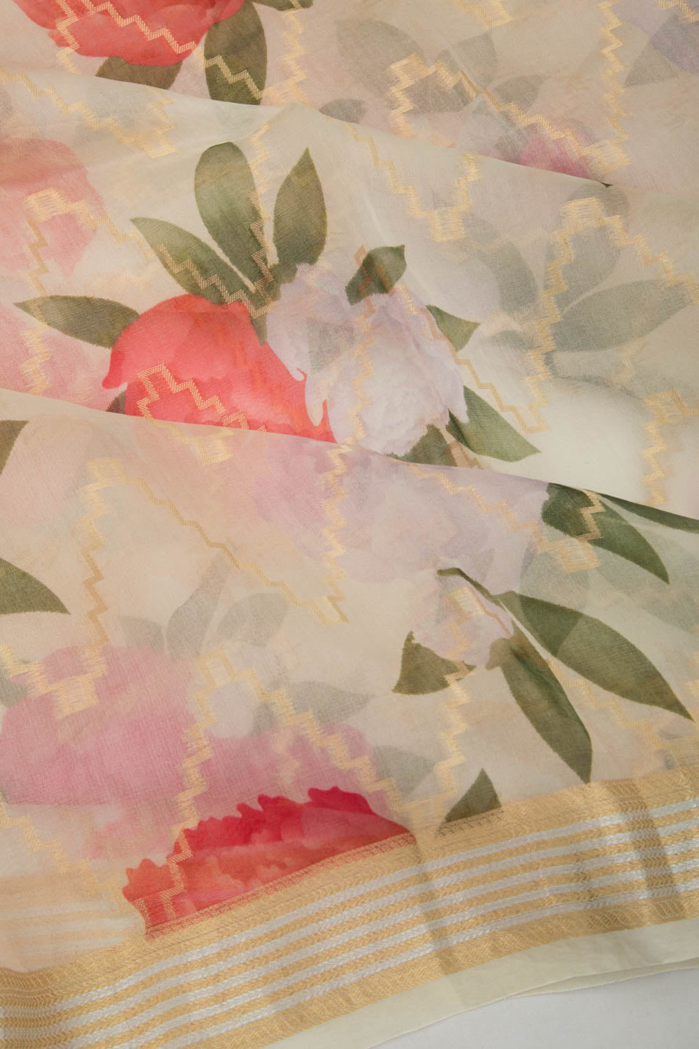 Organza Zig-Zag Lines Off-White Saree