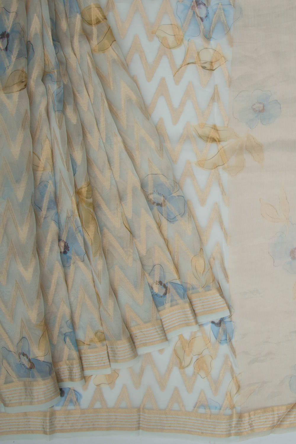 Organza Zig-Zag Lines Blue Saree