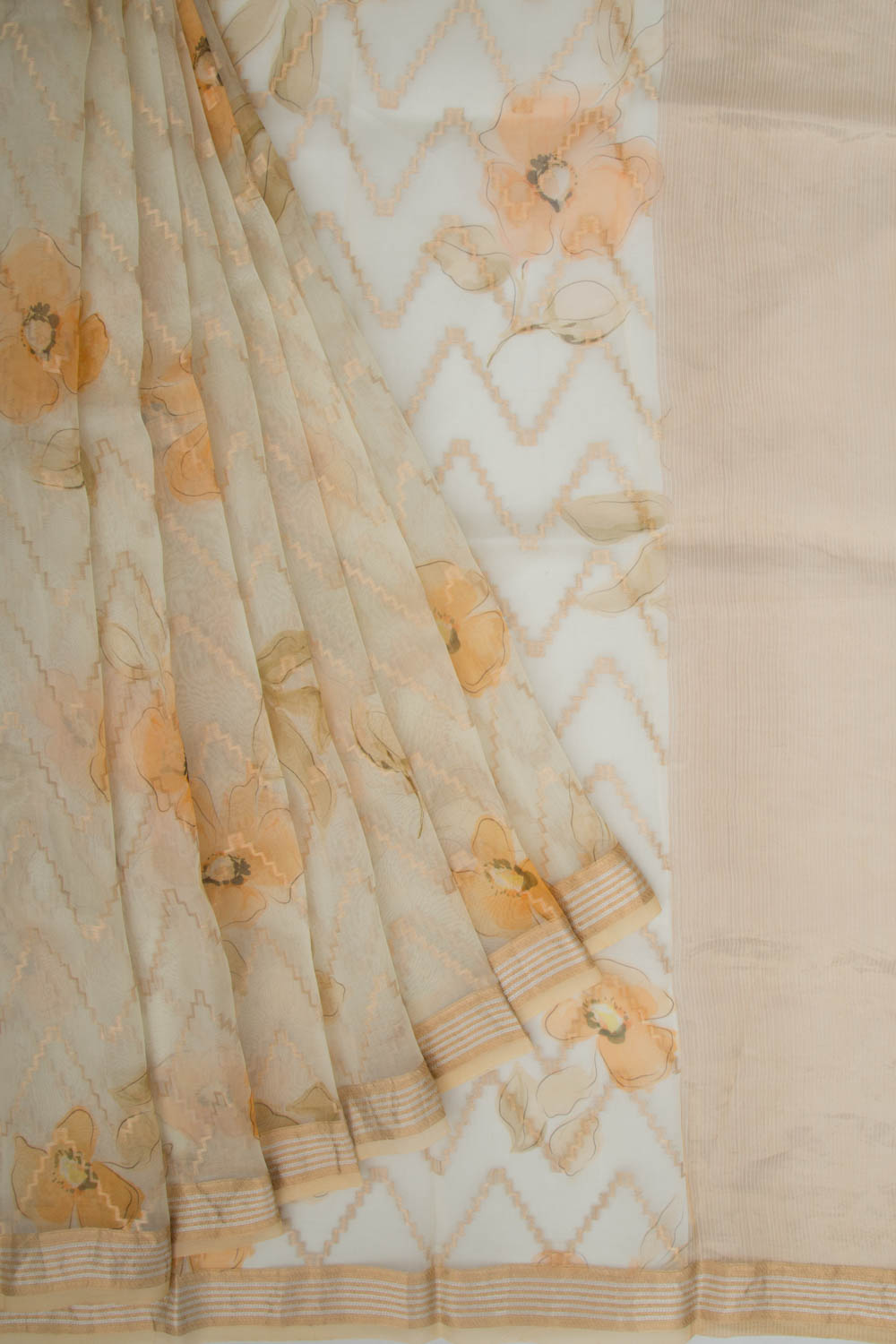 Organza Zig-Zag Lines Off-White Saree