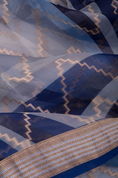 Organza Zig-Zag Lines Blue Saree