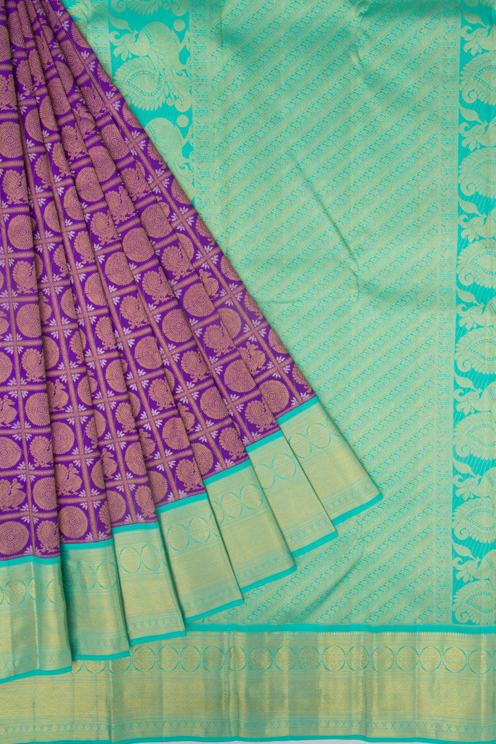 Kanchipuram Silk Checks And Butta Violet Saree