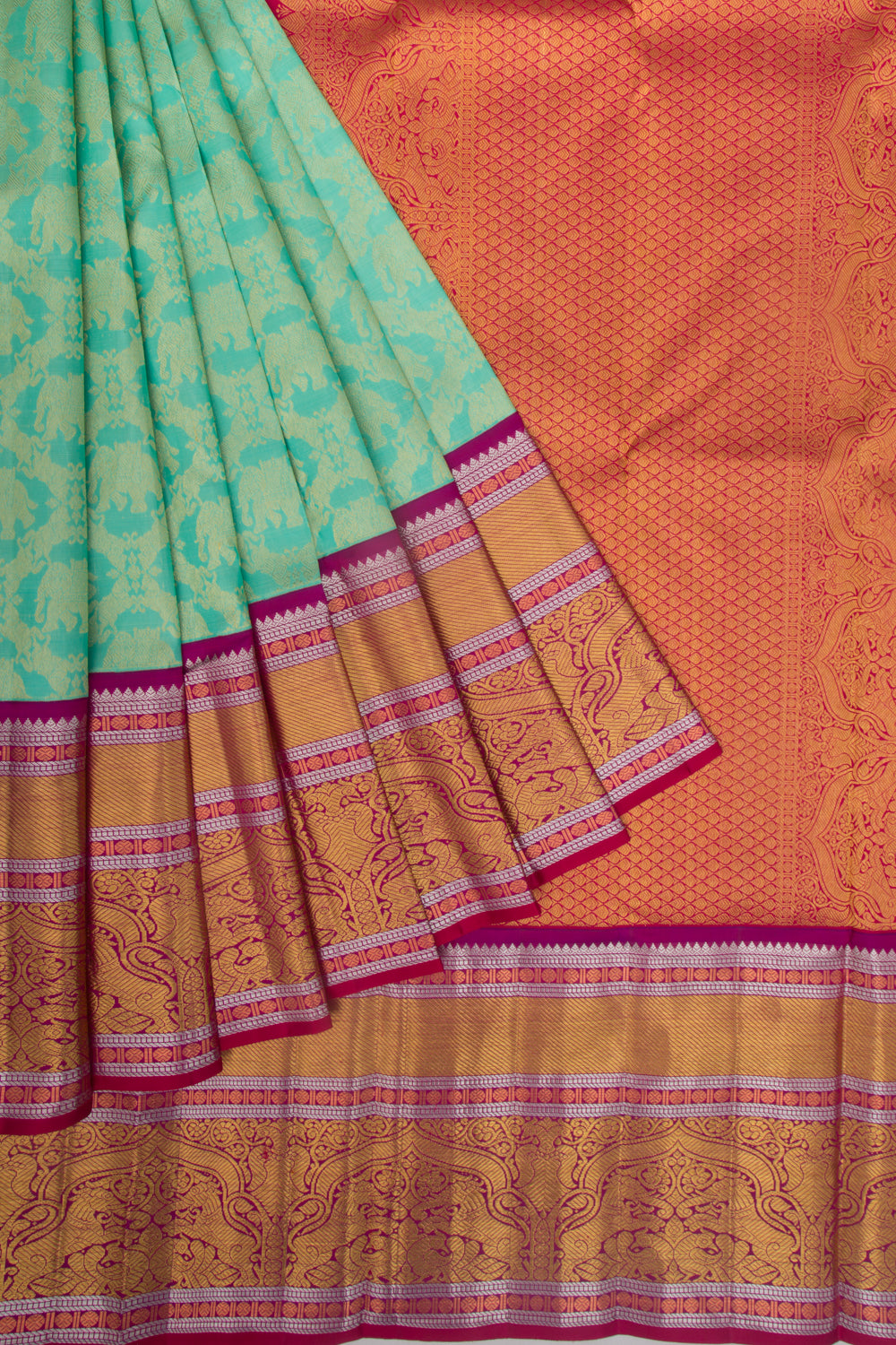 Kanchipuram Silk Jaal And Butta Sea Green Saree