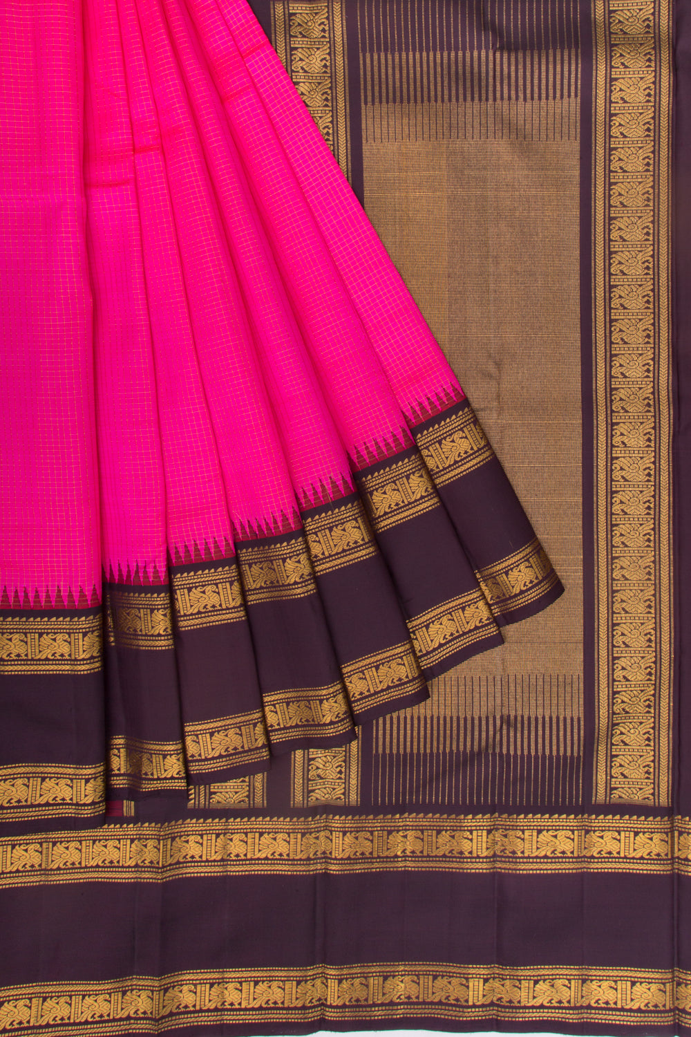 Kanchipuram Silk Checks Dark Pink Saree