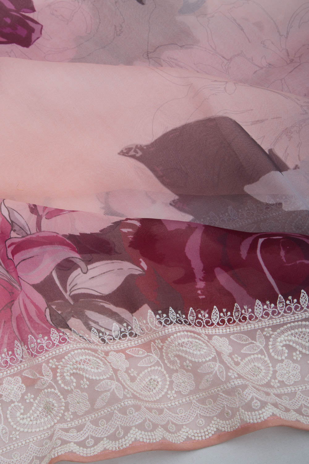 Organza Floral Printed Pink Saree