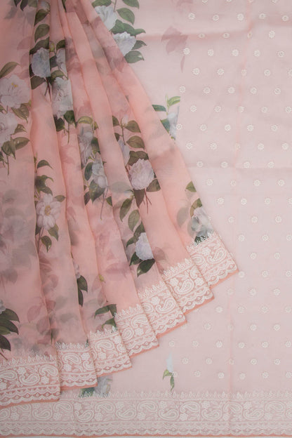 Organza Floral Printed Pastel Orange Saree