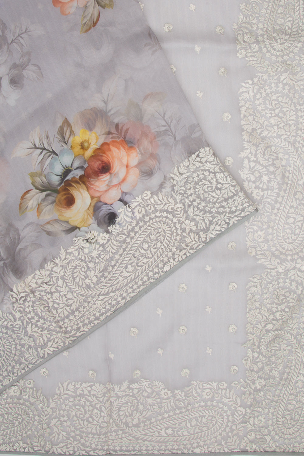 Organza Floral Printed Grey Saree