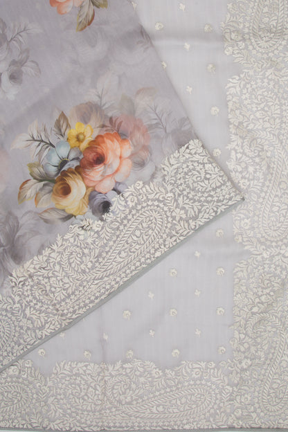 Organza Floral Printed Grey Saree