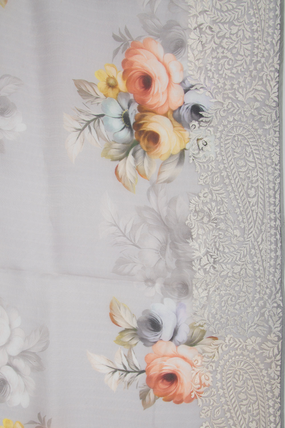 Organza Floral Printed Grey Saree