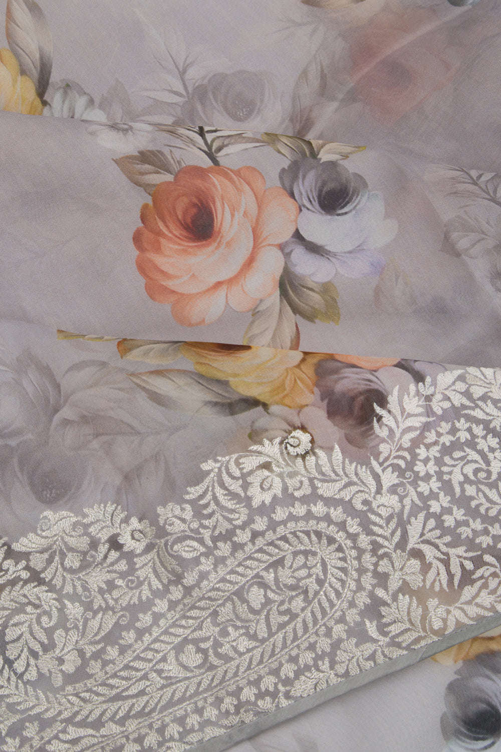 Organza Floral Printed Grey Saree