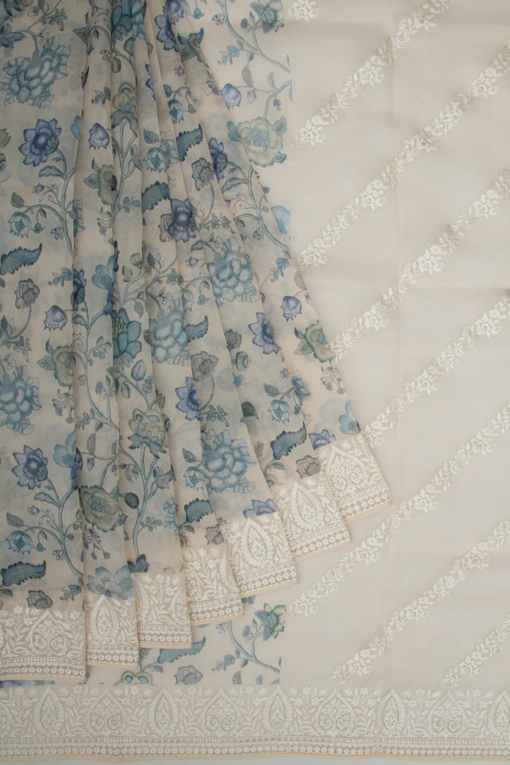 Organza Floral Printed Cream Saree