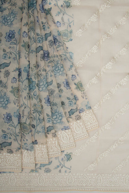 Organza Floral Printed Cream Saree