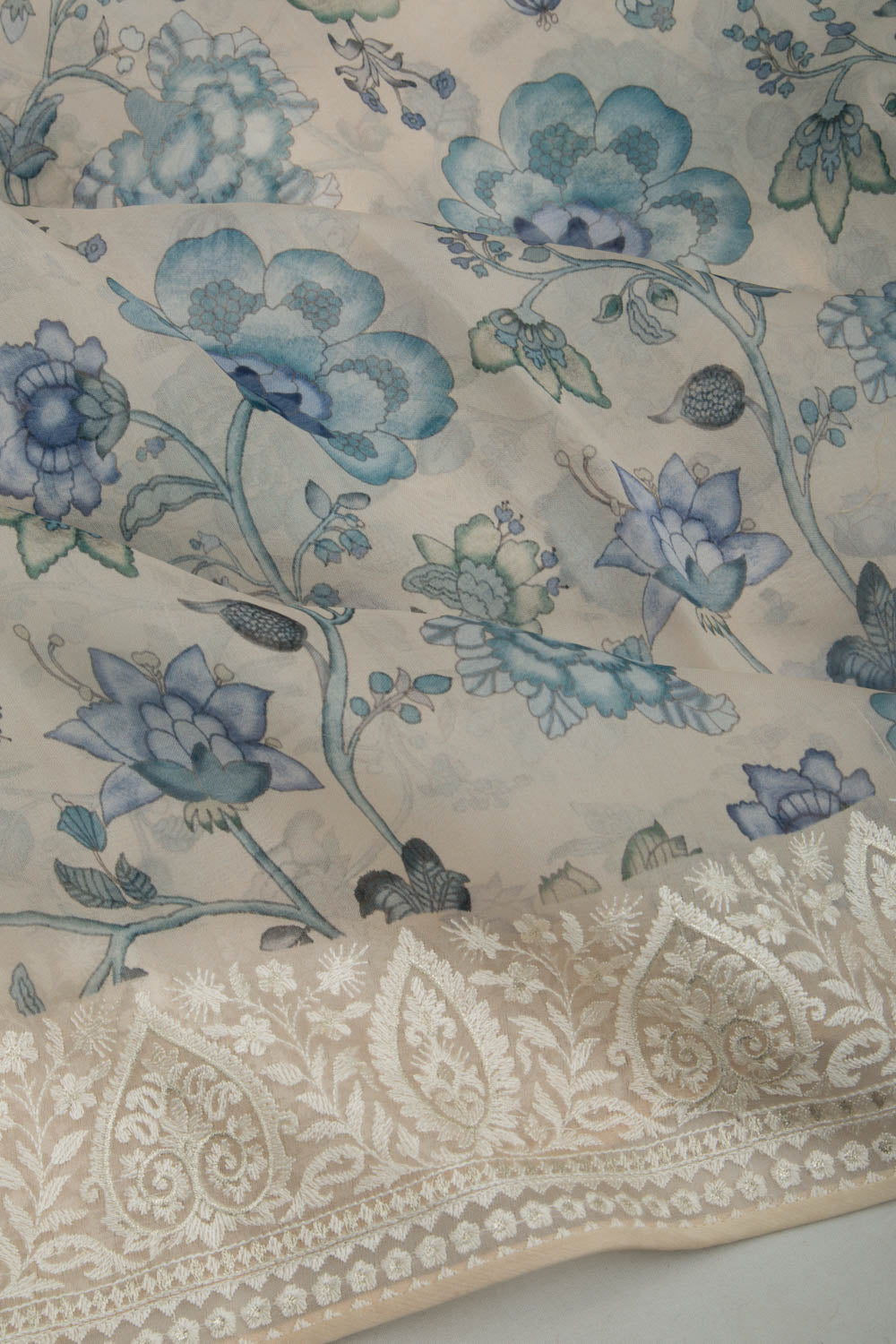 Organza Floral Printed Cream Saree