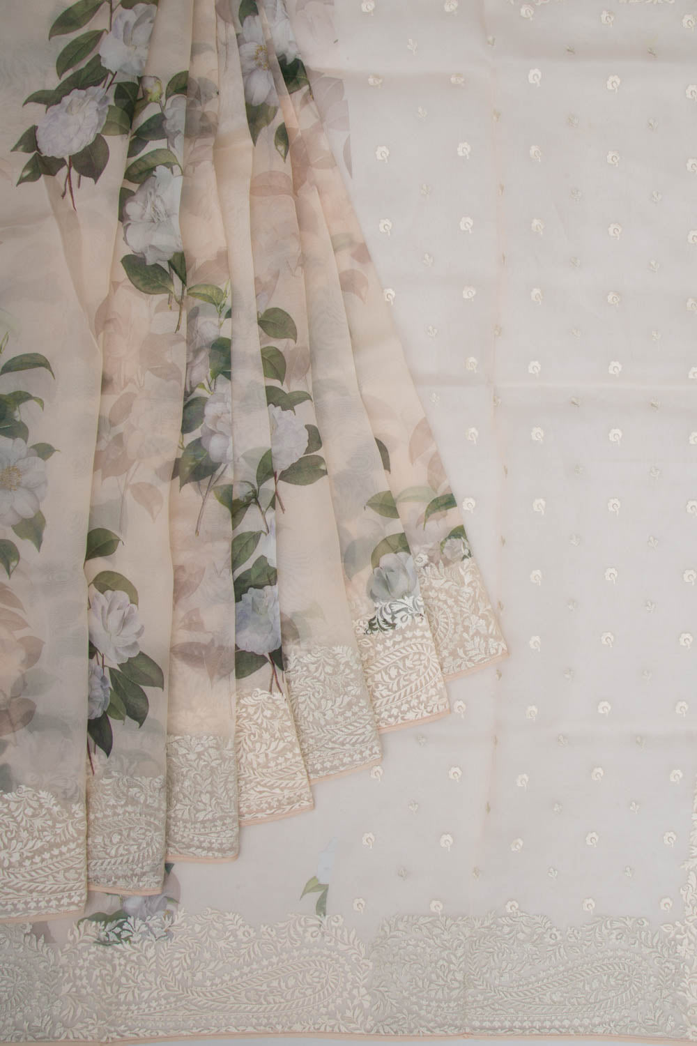 Organza Floral Printed Cream Saree