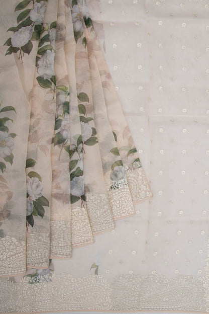 Organza Floral Printed Cream Saree
