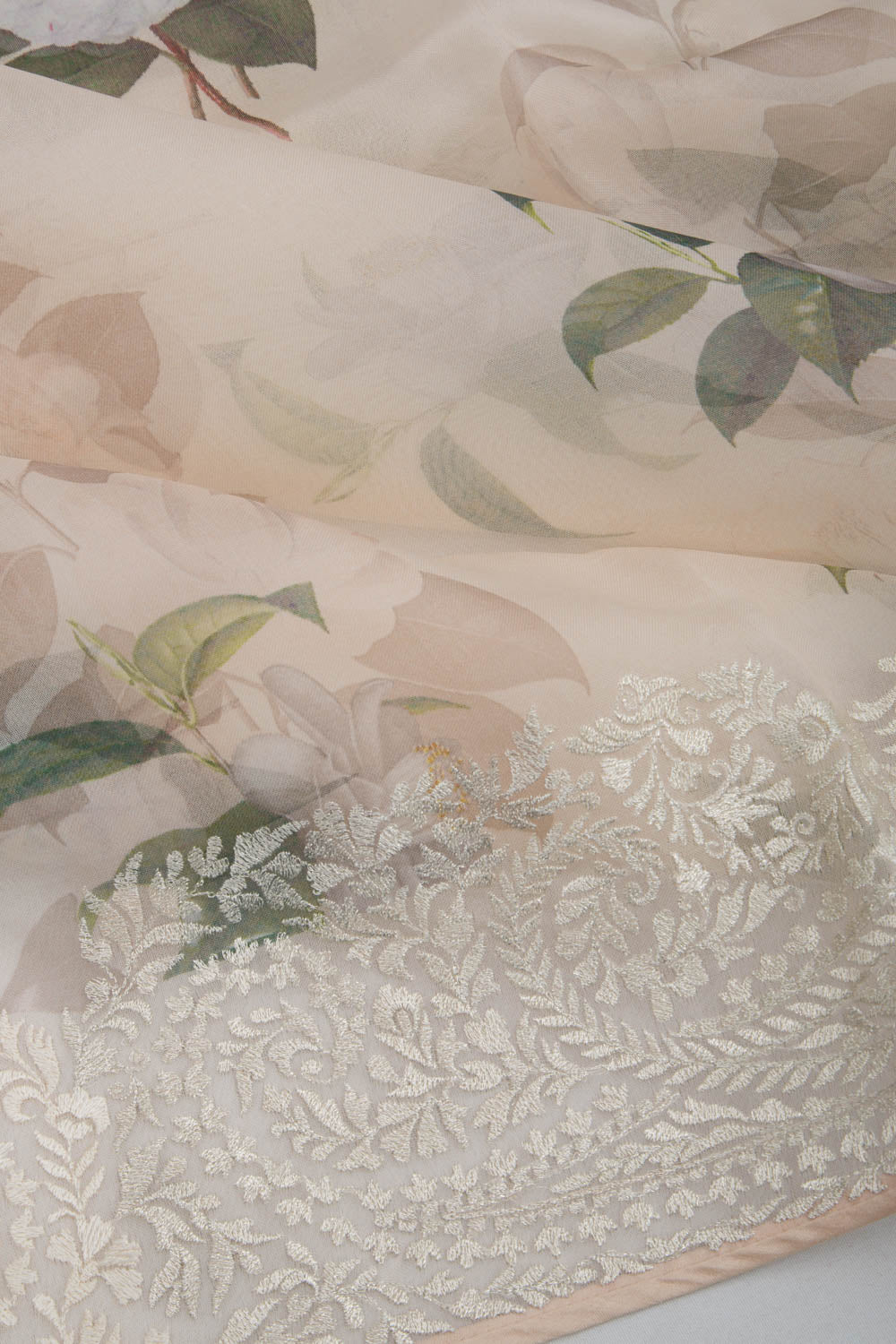 Organza Floral Printed Cream Saree