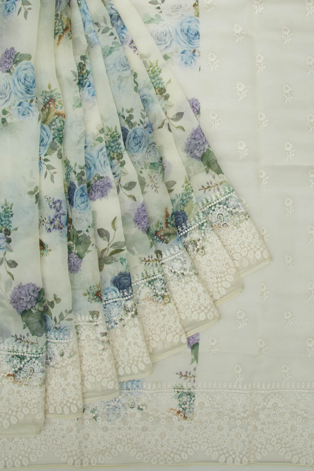 Organza Floral Printed Green Saree