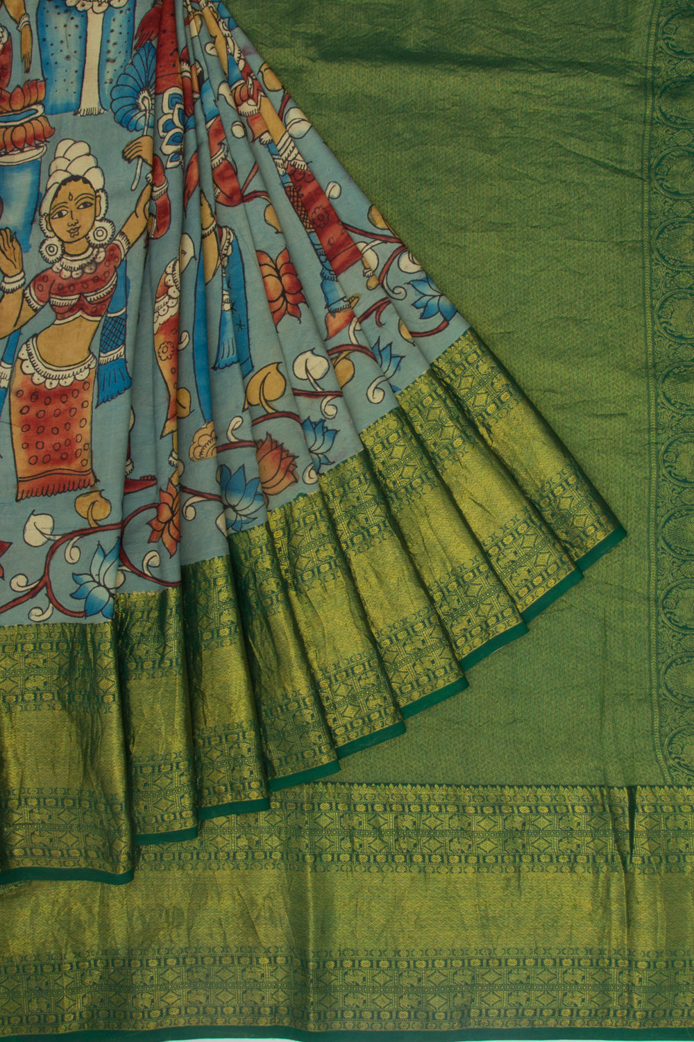 Kanchipuram Silk Kalamkari Blue Saree