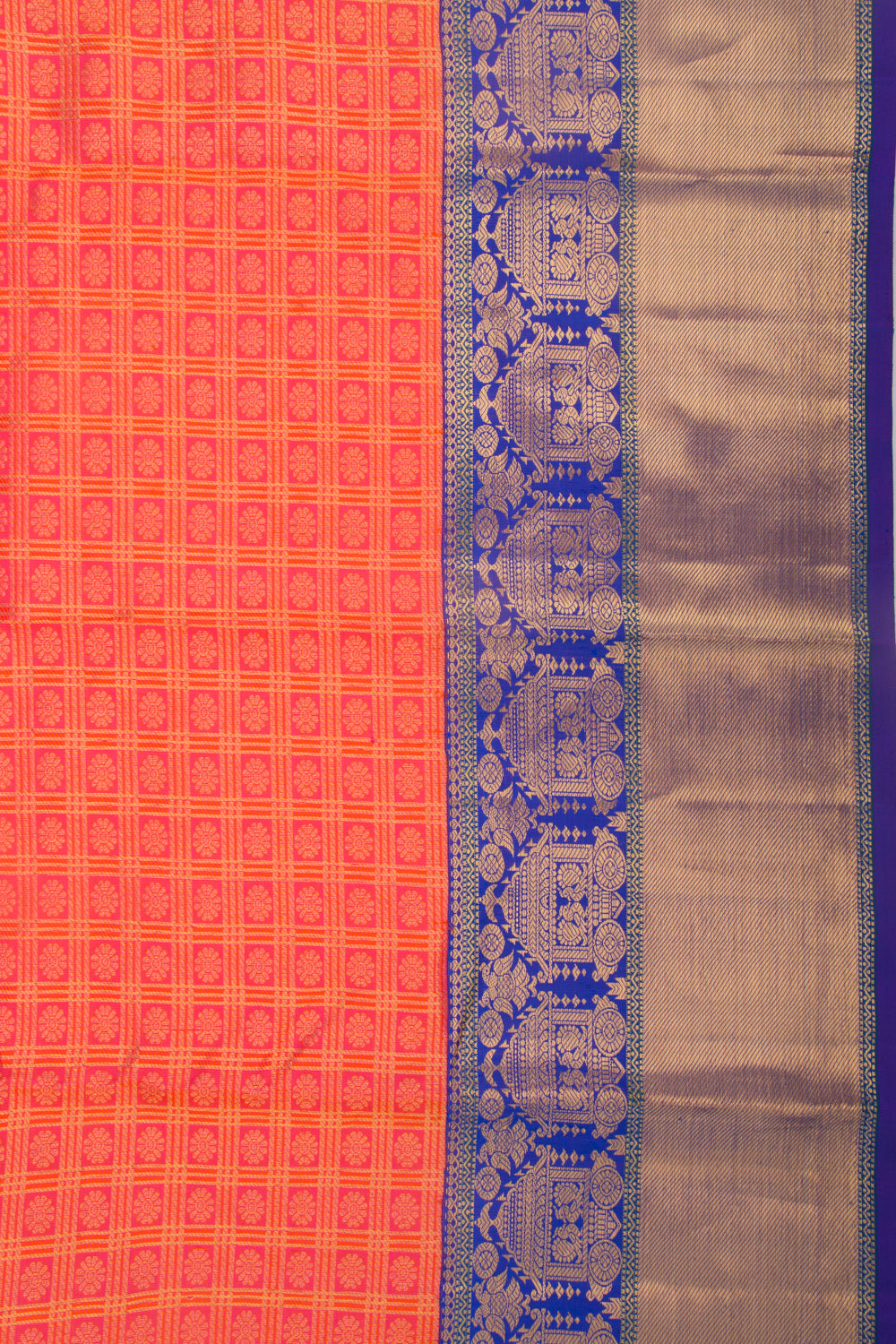 Taranga Kanchi Silk Checks And Butta Dual Tone Orange And Pink Saree