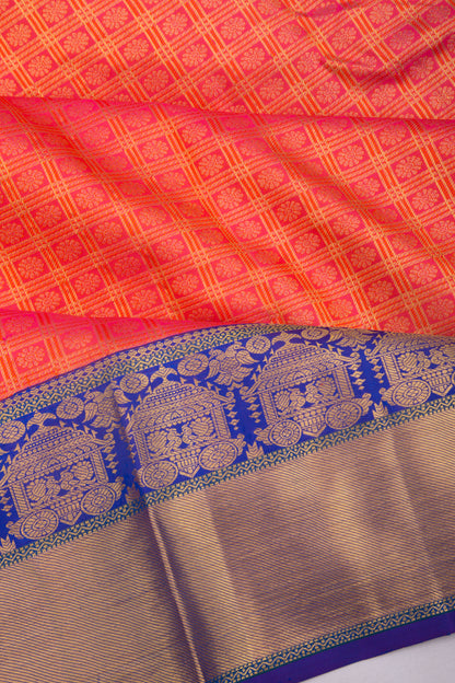 Taranga Kanchi Silk Checks And Butta Dual Tone Orange And Pink Saree