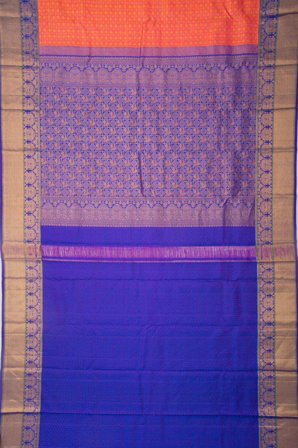 Taranga Kanchi Silk Checks And Butta Dual Tone Orange And Pink Saree