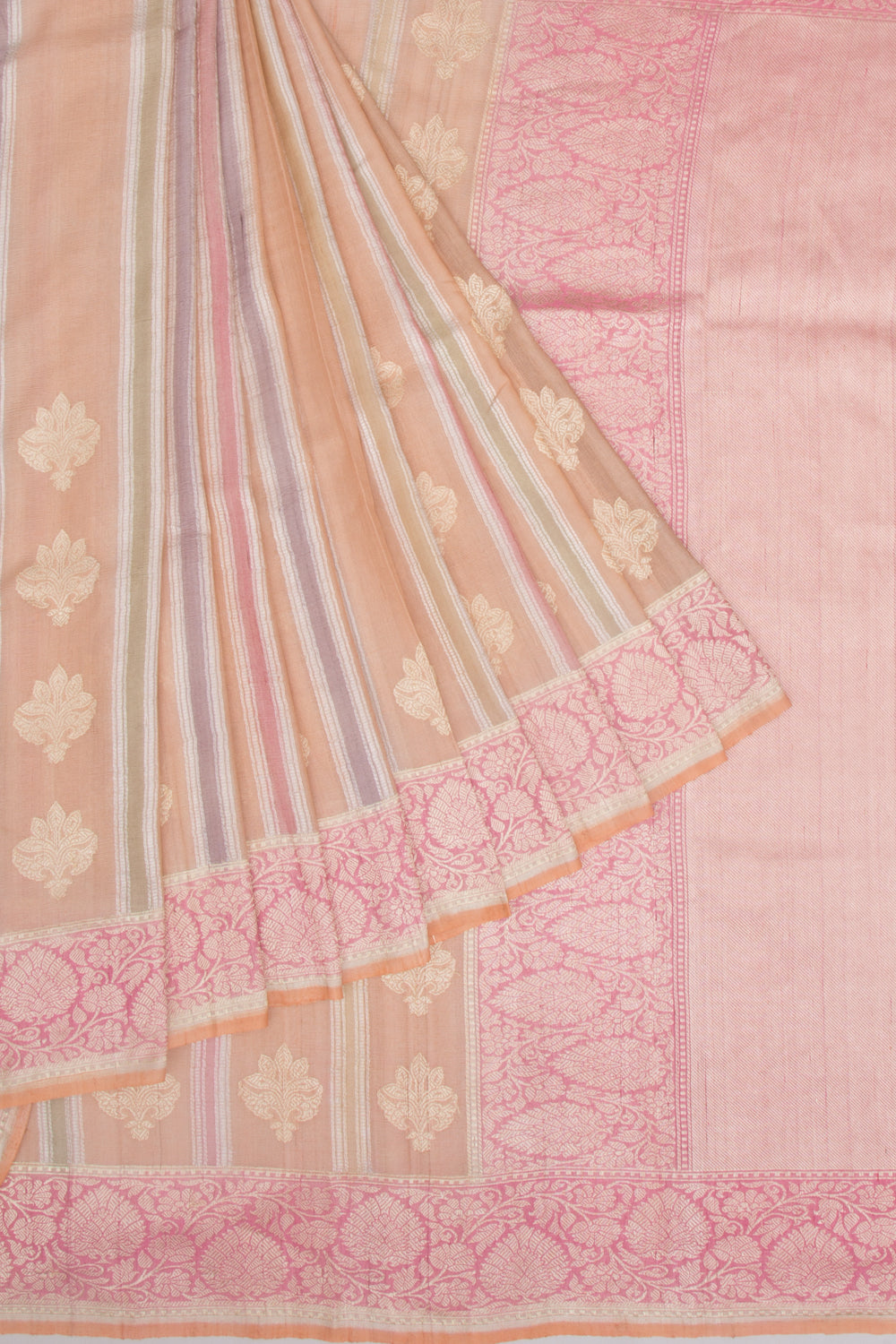 Banarasi Tussar Georgette Vertical Lines And Butta Peach Saree