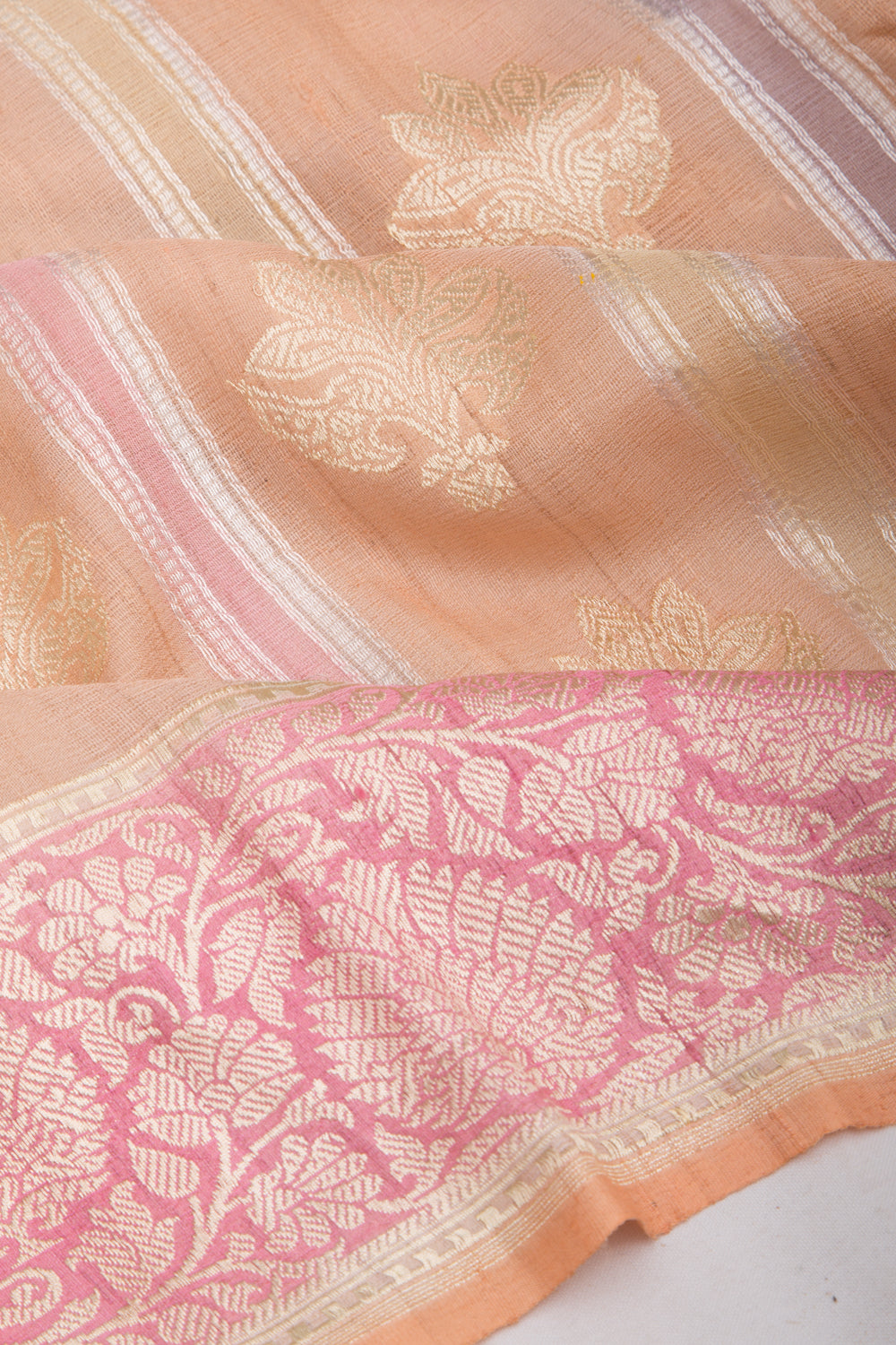 Banarasi Tussar Georgette Vertical Lines And Butta Peach Saree