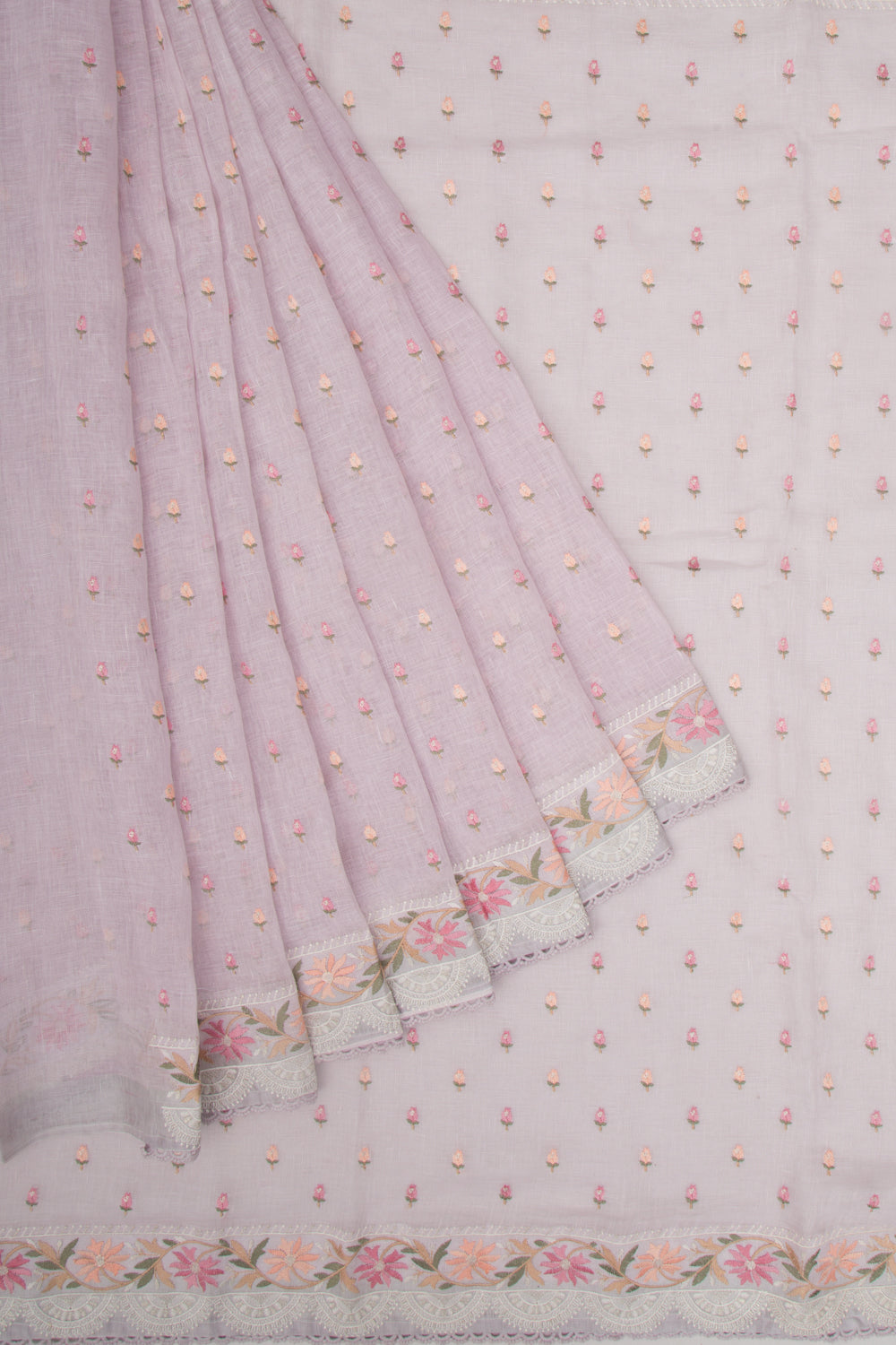 Pure Linen Embroidery Butta Lavender Saree