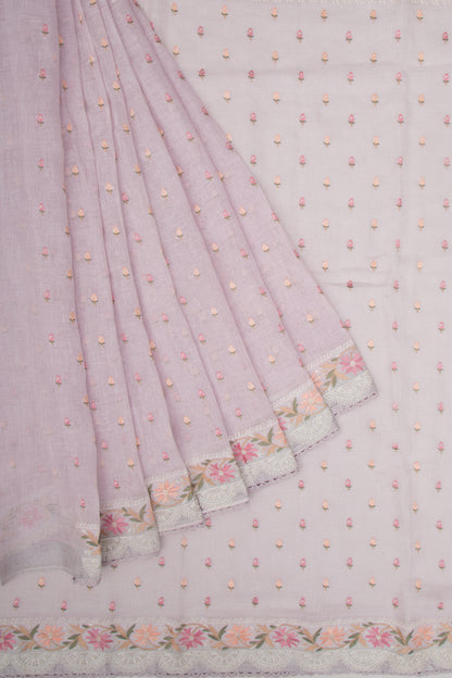 Pure Linen Embroidery Butta Lavender Saree
