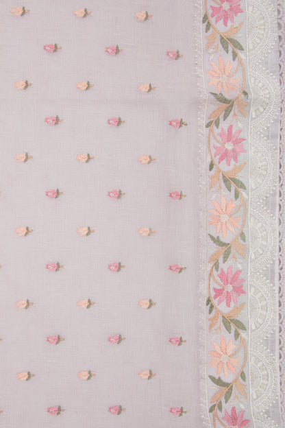 Pure Linen Embroidery Butta Lavender Saree