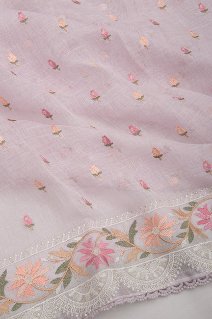 Pure Linen Embroidery Butta Lavender Saree