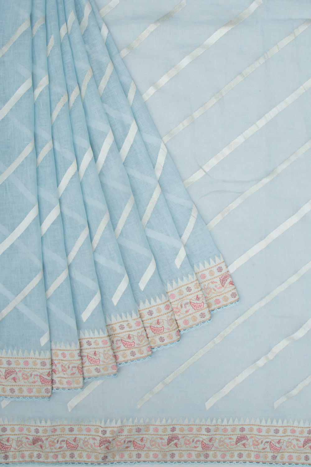 Pure Linen Diagonal Lines Pastel Blue Saree