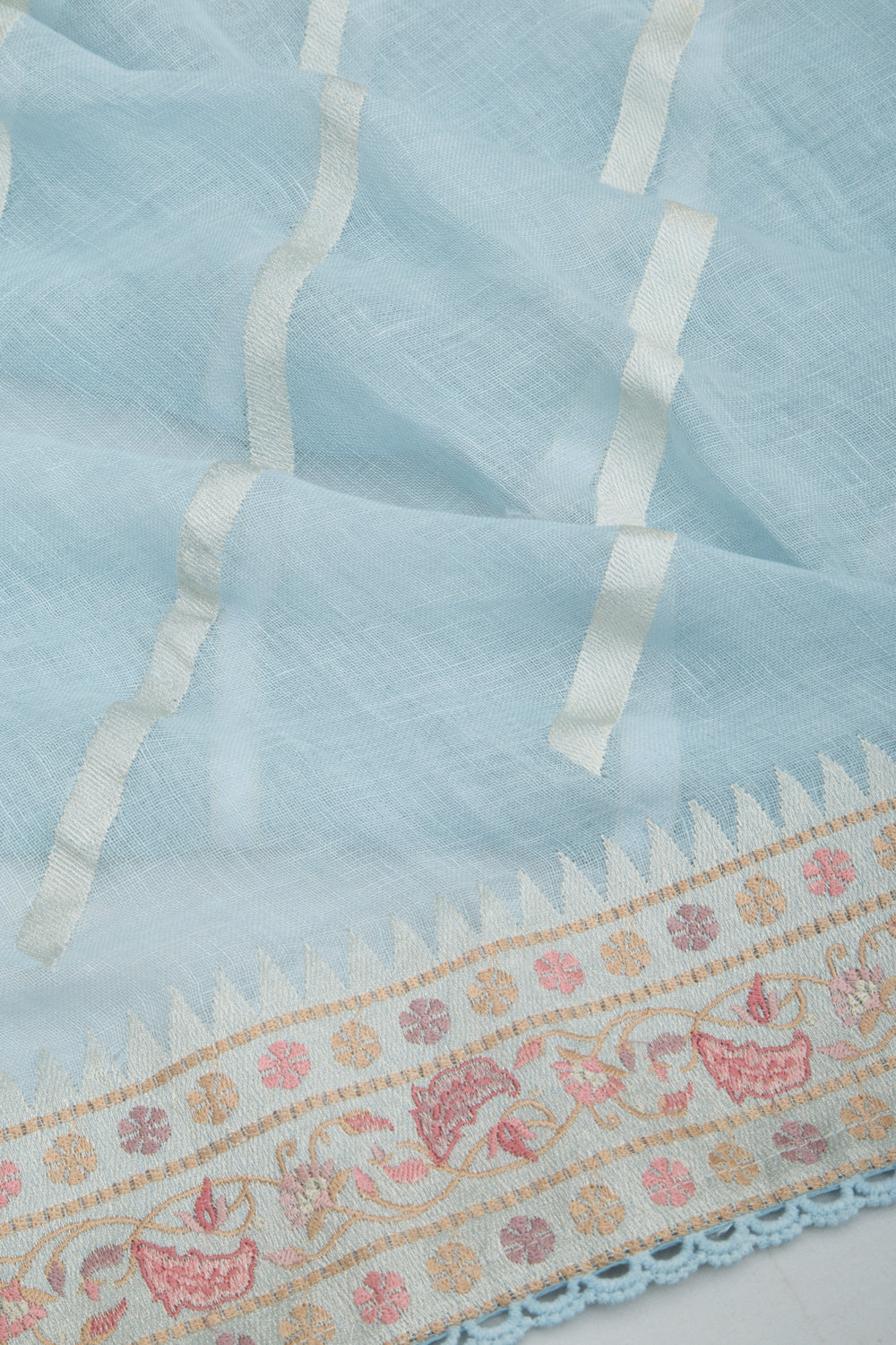 Pure Linen Diagonal Lines Pastel Blue Saree
