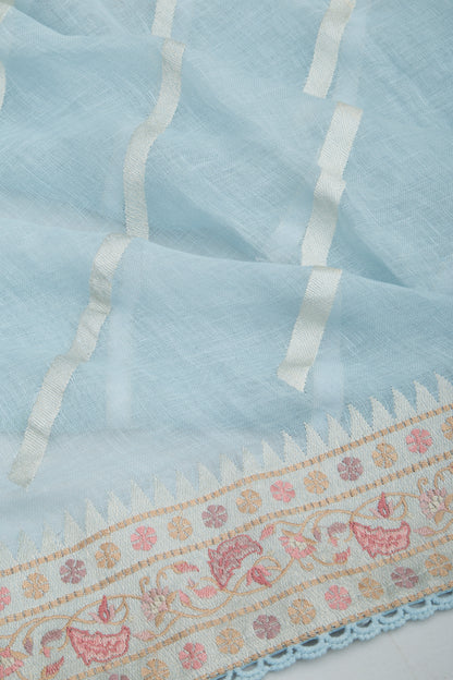 Pure Linen Diagonal Lines Pastel Blue Saree