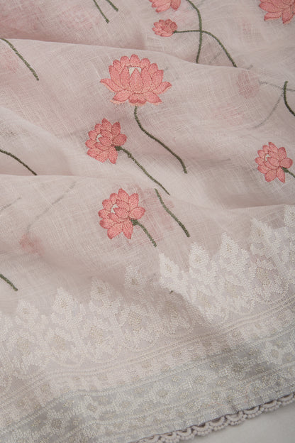 Pure Linen Embroidery Butta Off-White Saree
