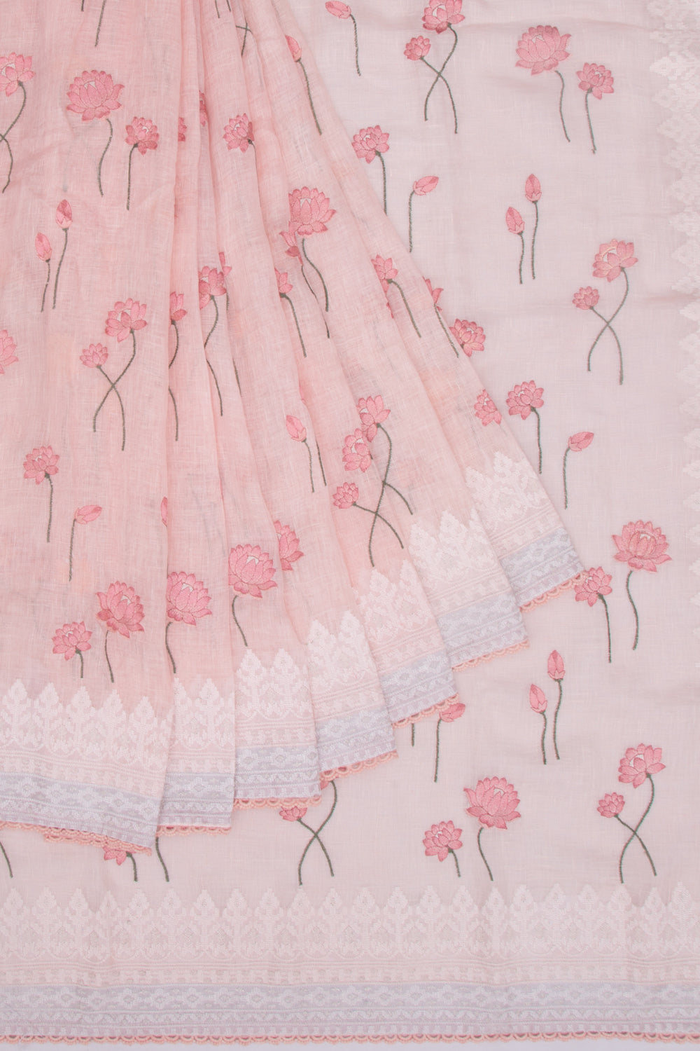 Pure Linen Embroidery Butta Pastel Pink Saree