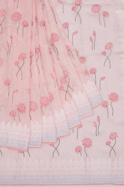 Pure Linen Embroidery Butta Pastel Pink Saree