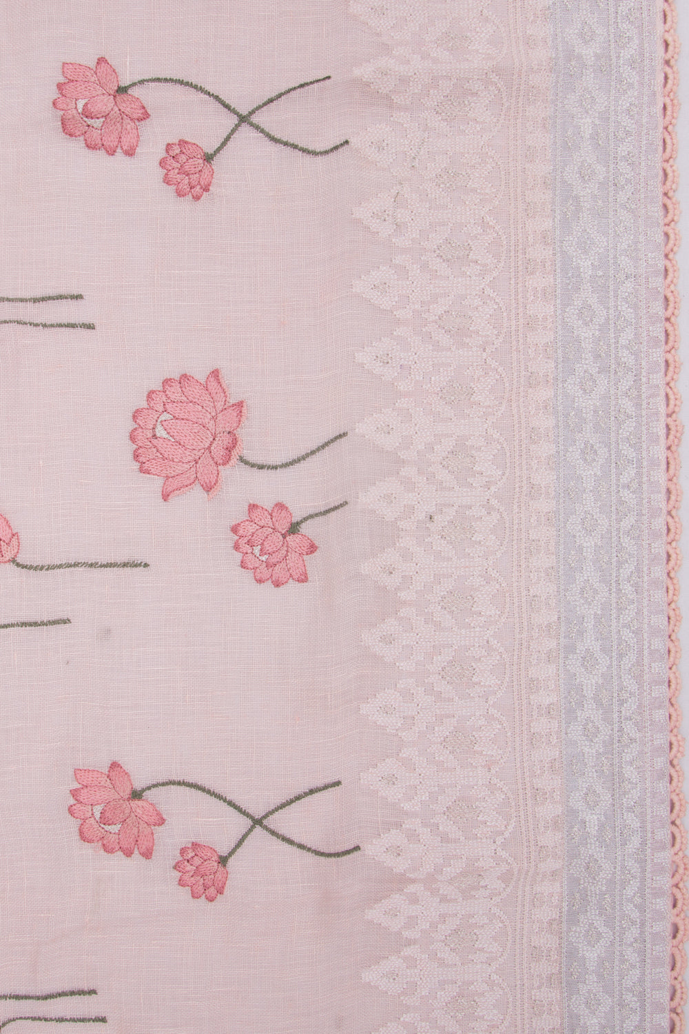 Pure Linen Embroidery Butta Pastel Pink Saree