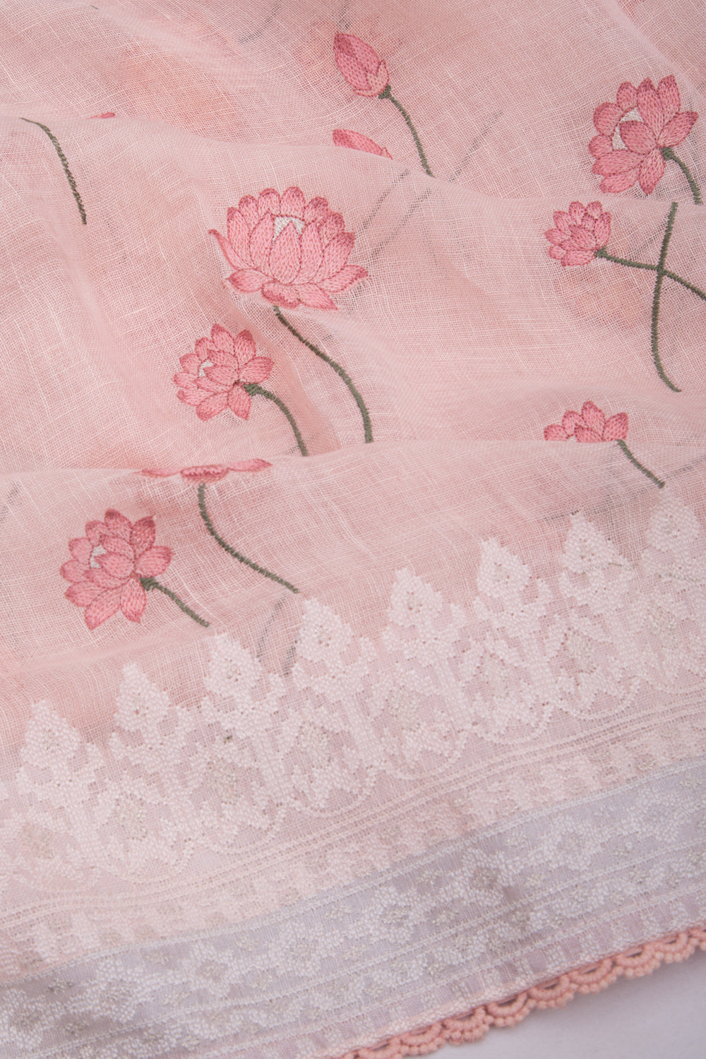 Pure Linen Embroidery Butta Pastel Pink Saree