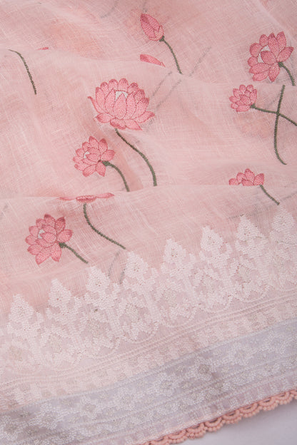 Pure Linen Embroidery Butta Pastel Pink Saree