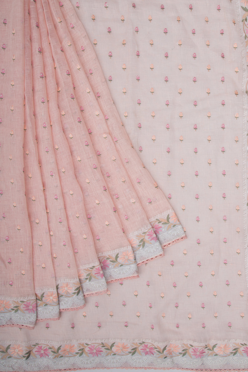 Pure Linen Embroidery Butta Pastel Pink Saree