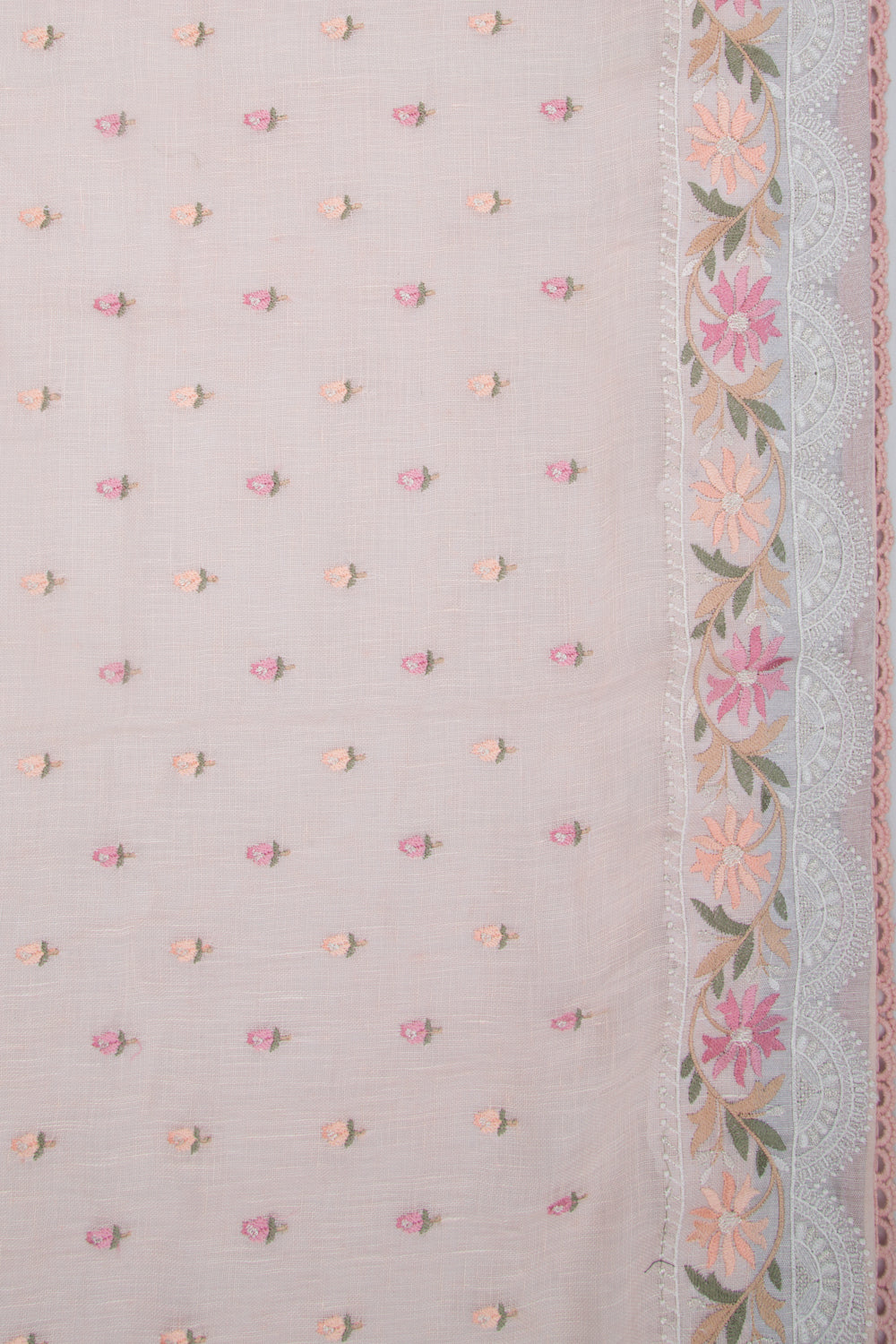 Pure Linen Embroidery Butta Pastel Pink Saree