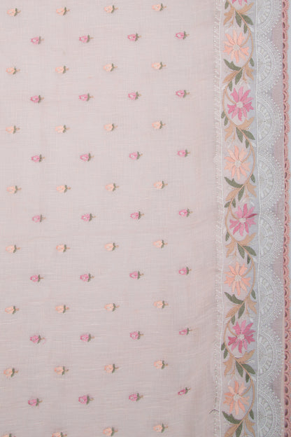 Pure Linen Embroidery Butta Pastel Pink Saree