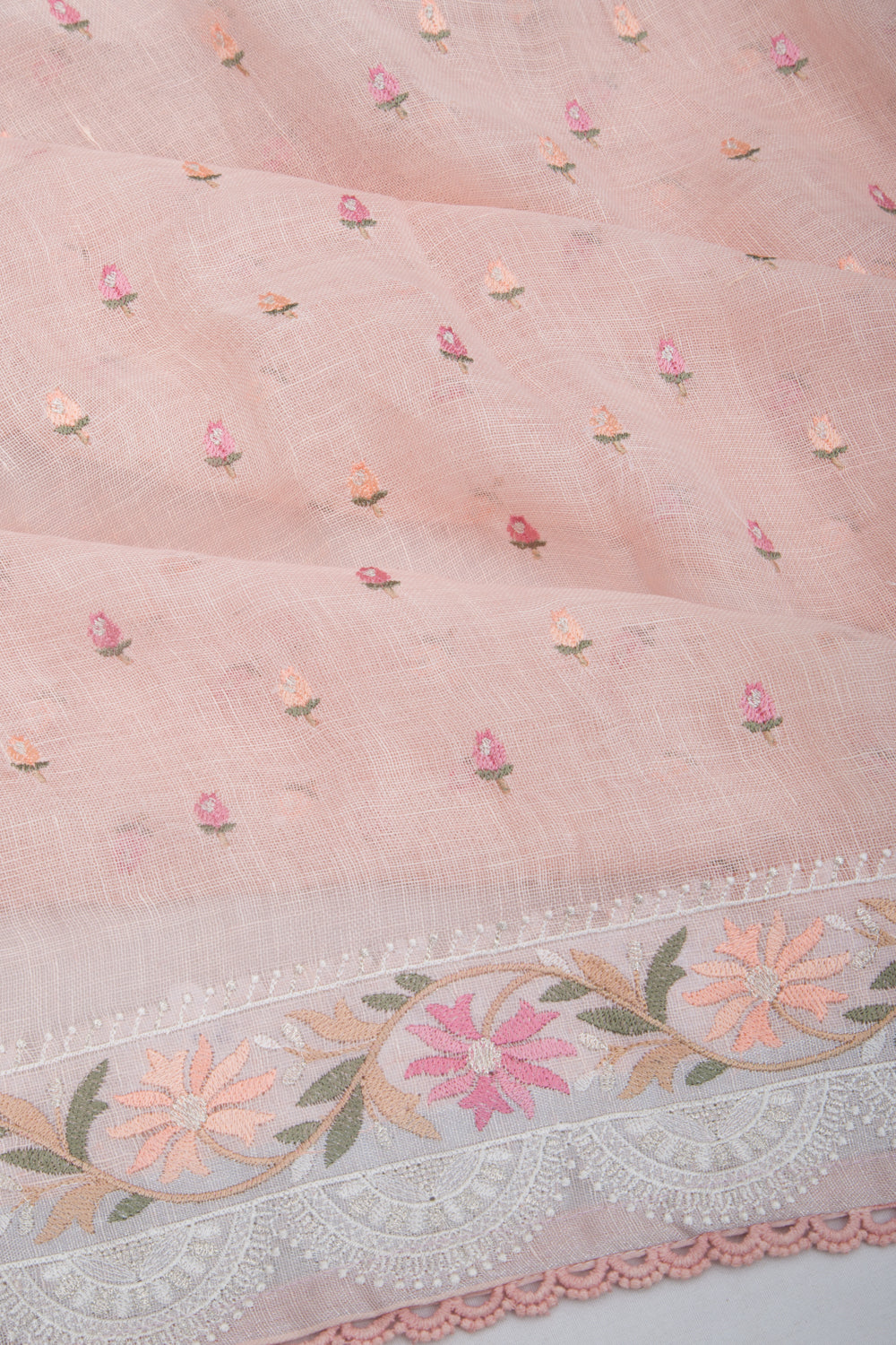 Pure Linen Embroidery Butta Pastel Pink Saree